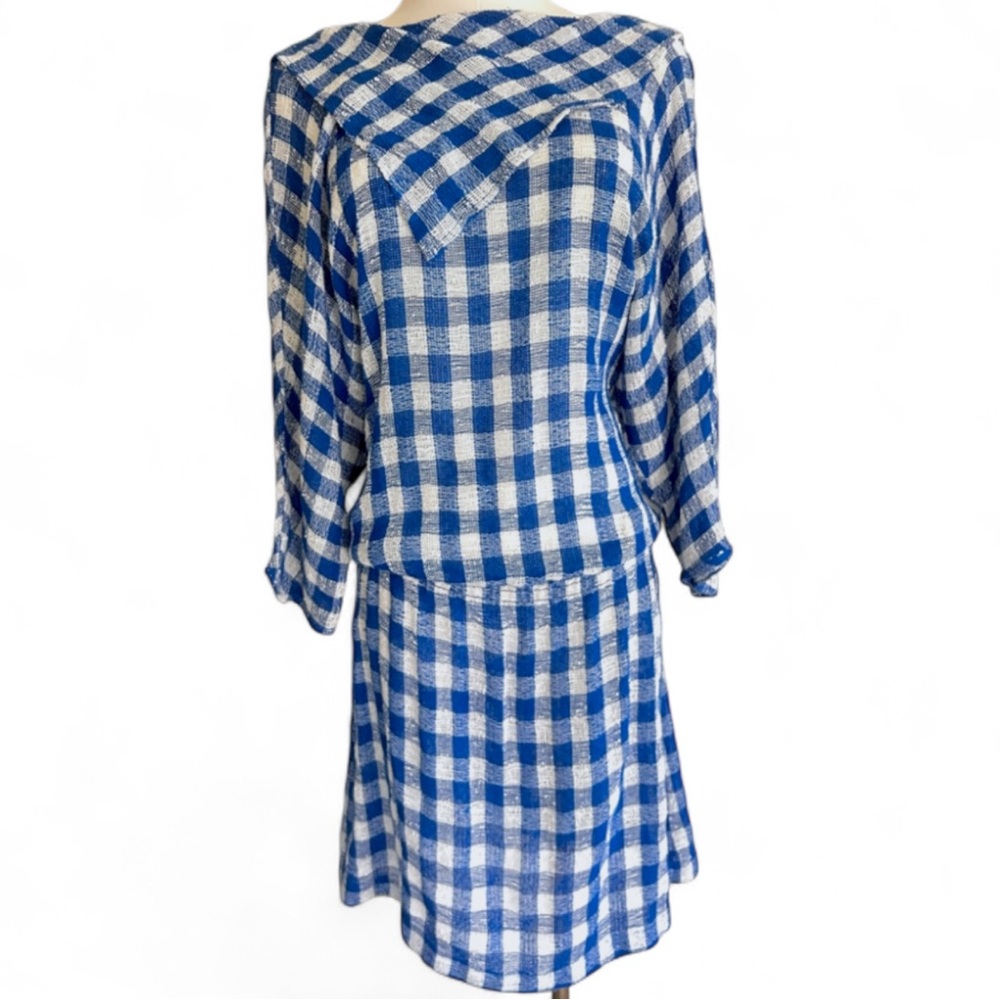 VINTAGE RABBIT Gingham Drop Waist Open Knit Sailor Neck Dress Cottage Retro Sz M